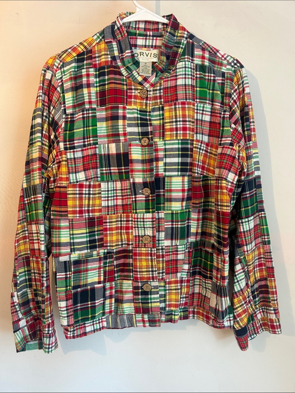 Orvis Patchwork Plaid Lightweight Button-Up Jacket in Red, Green, Yellow size 12